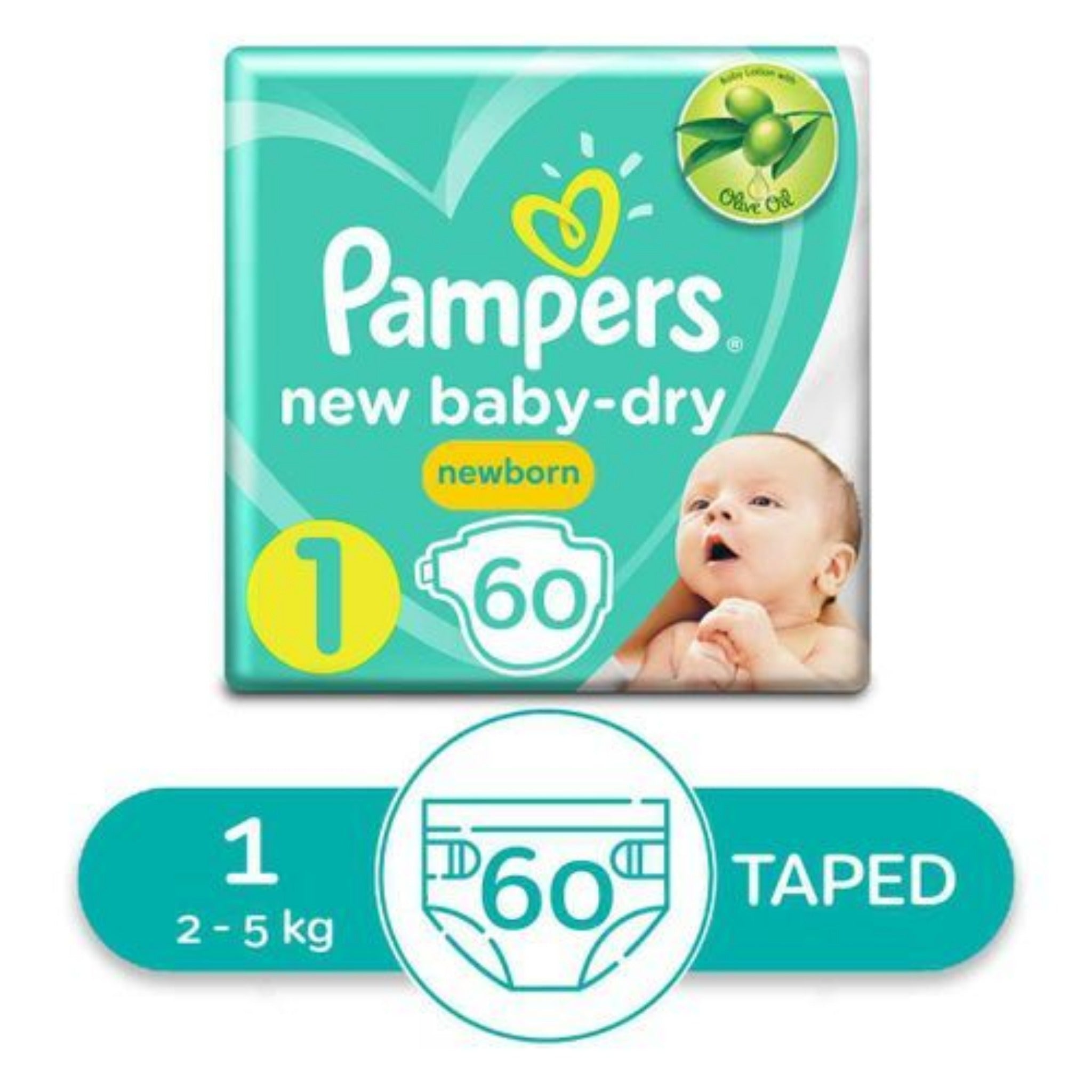 Pampers Baby Dry for baby Diapers Size 1 Newborn 2-5 Kg - 60 diaper / حفاضات بامبرز بيبي دراي للاطفال مقاس 1 حديثي الولادة 60 قطعة