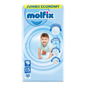 Molfix , Diapers , Size 5 , Junior , 11-25 Kg , 58 Pcs (diaper) / حفاضات مولفيكس , مقاس 5 , كبير جدا (جونيور) , 11-25 كجم , 58 قطعة (حفاضة)