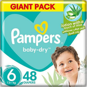 Pampers Baby Dry for baby Diapers Size 6 Junior +13 Kg 48 diapers / حفاضات بامبرز بيبي دراي للاطفال مقاس 6 جونيور 48 قطعة