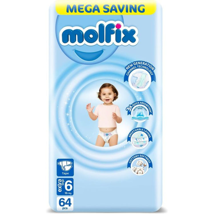 Molfix baby diaper size 6 - 64 pieces حفاضات مولفيكس للاطفال مقاس ٦ - ٦٤ قطعه