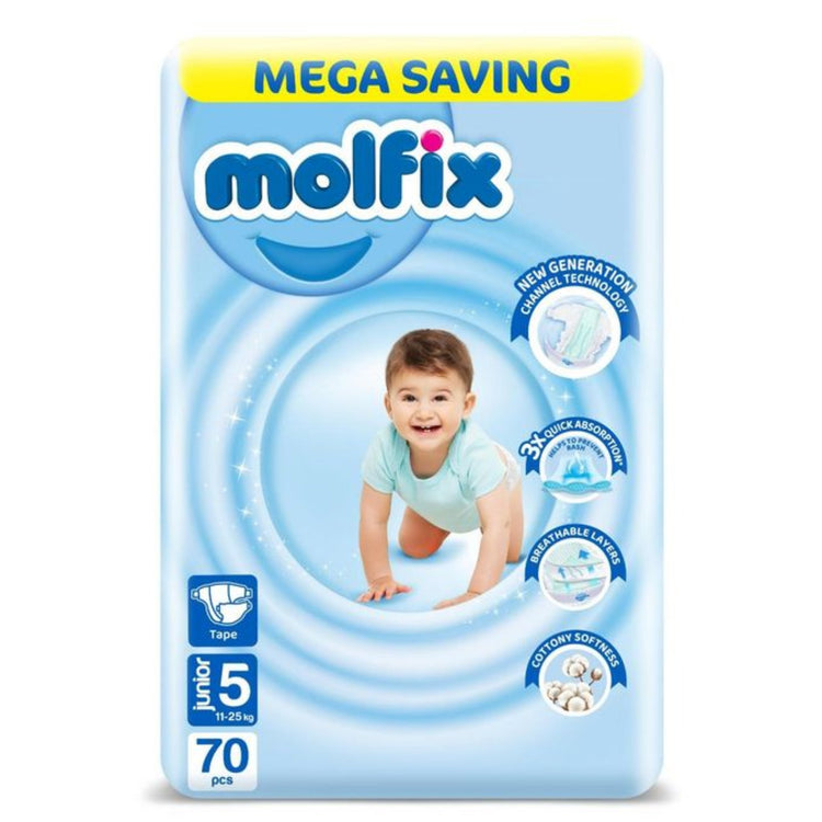 Molfix Baby Diaper Size 5 Junior 11-25 Kg - 70 diaper حفاضات مولفيكس للاطفال  مقاس ٥ - ٧٠ قطعه