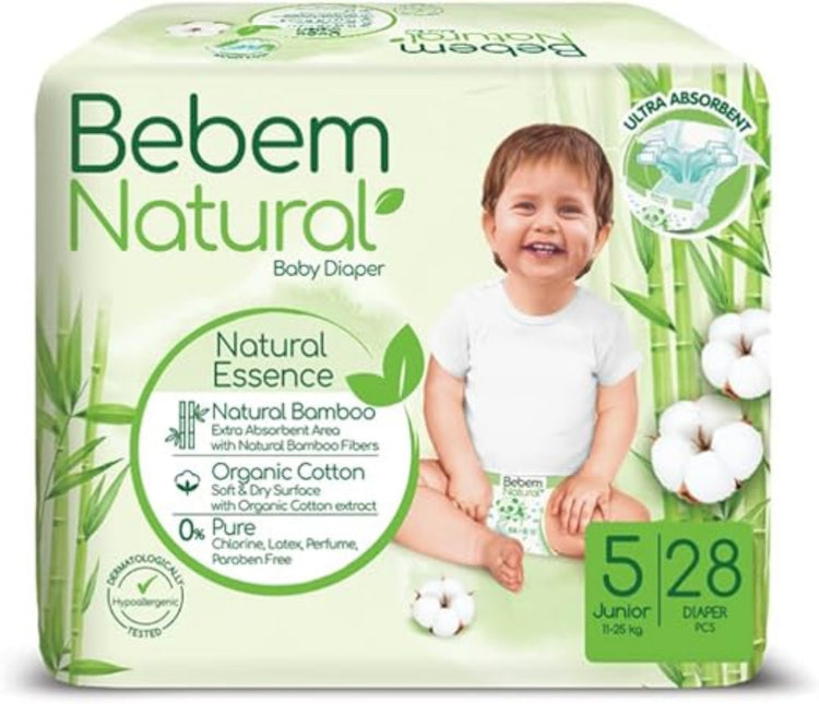 Bebem Natural for Baby Diapers Twin Pack Junior Size 5 - 28 pieces حفاضات بي بم الطبيعي للاطفال مقاس 5 جونيور 28 قطعة 