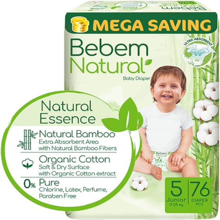 Bebem Natural for Baby Diapers Twin Pack Junior Size 5 - 76 pieces حفاضات بي بم الطبيعي للاطفال مقاس 5 جونيور 76 قطعة