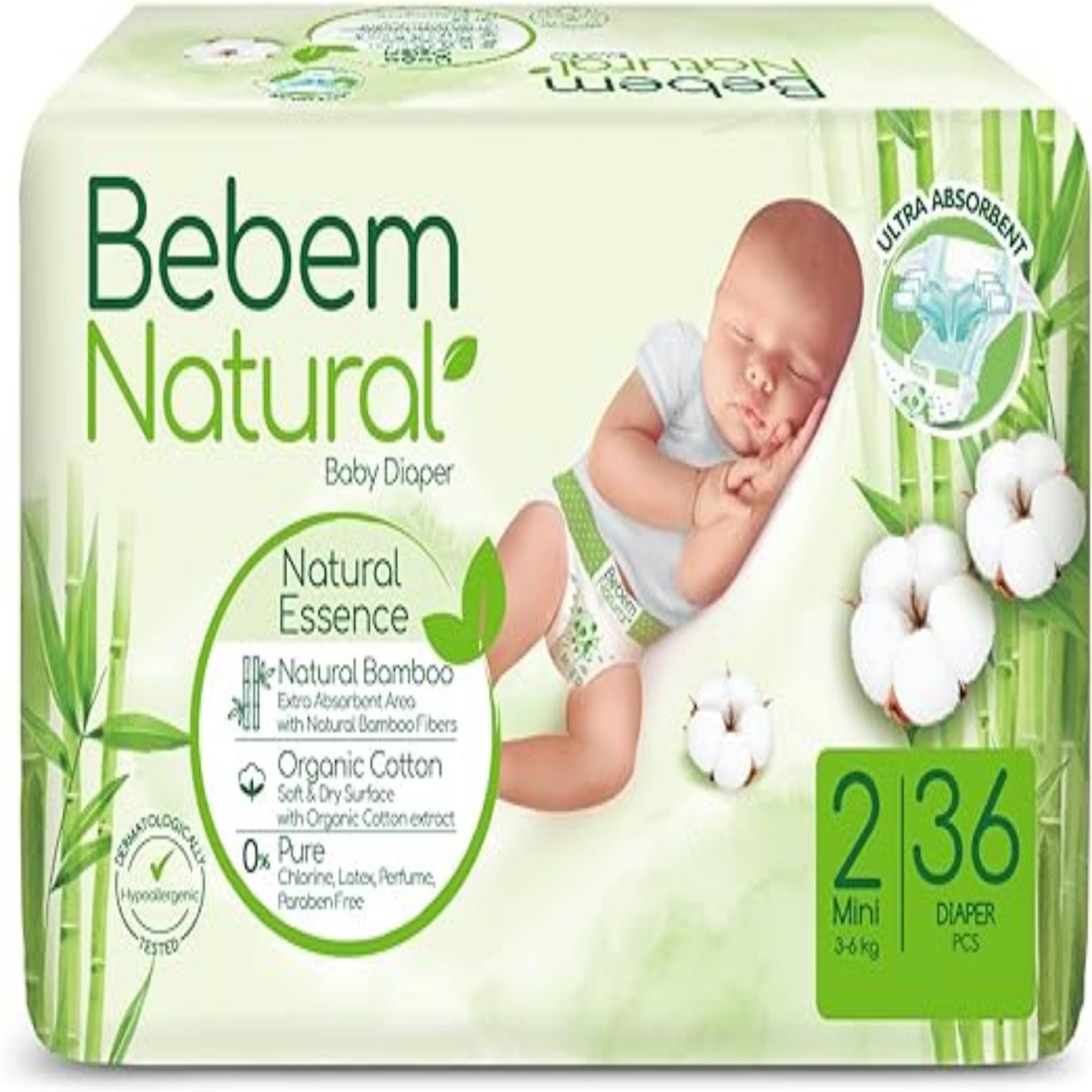 Bebem Natural for Baby Diapers Twin Pack Mini Size 2 - 36 Pieces حفاضات بي بم الطبيعي للاطفال مقاس 2 ميني 36 قطعة