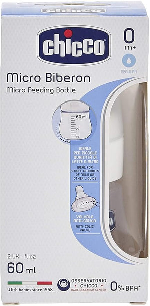 Chicco Micro Feeding Bottle 60 ml, from diaperseg.com and get it in 24 hours ONLY. Chicco Baby bottle with teat in soft and flexible silicone, suitable for mixed breastfeeding, slow flow