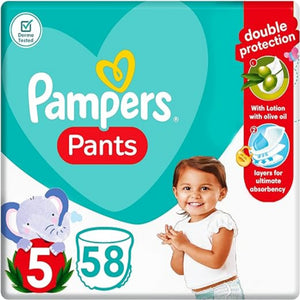 Pampers Baby Pants , Size 5 , 12-18 kg , 58 diaper / حفاضات بامبرز للاطفال كيلوت بانتس , مقاس 5 , 12-18 جم , 58 قطعة