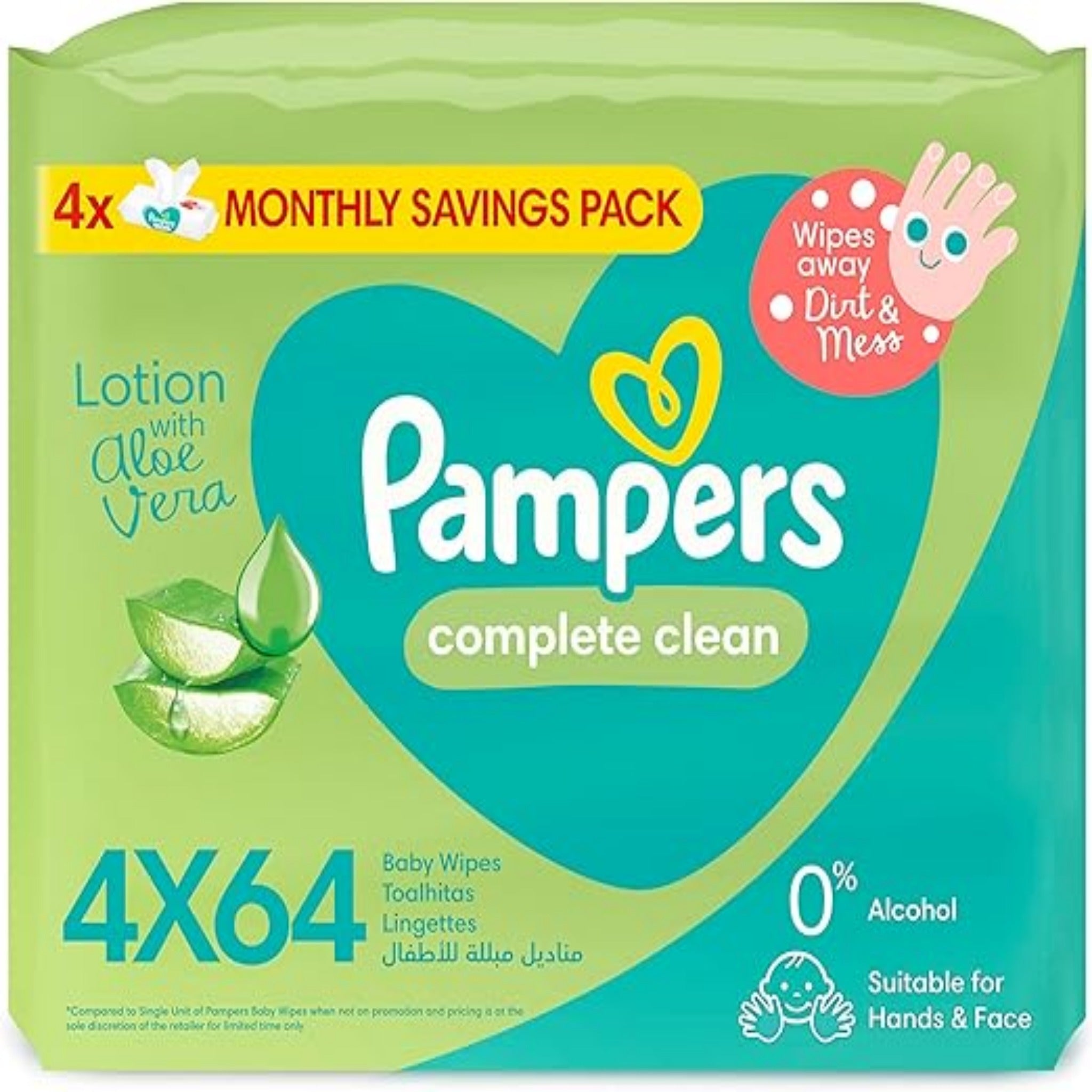 pampers complete clean wipes for baby skin wipes away dirt and mess 4×64 pieces/ مناديل مبلله للاطفال من بامبرز وايبس نظافه كامله