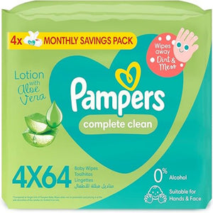 pampers complete clean wipes for baby skin wipes away dirt and mess 4×64 pieces/ مناديل مبلله للاطفال من بامبرز وايبس نظافه كامله