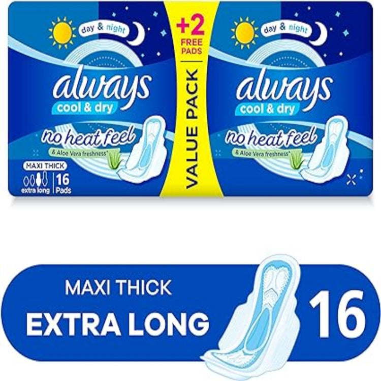 Always cool and dry cotton daily maxi thick extra long 16 pads / فوط صحية من اولوبز سميكة طويله جدا 16 قطعة