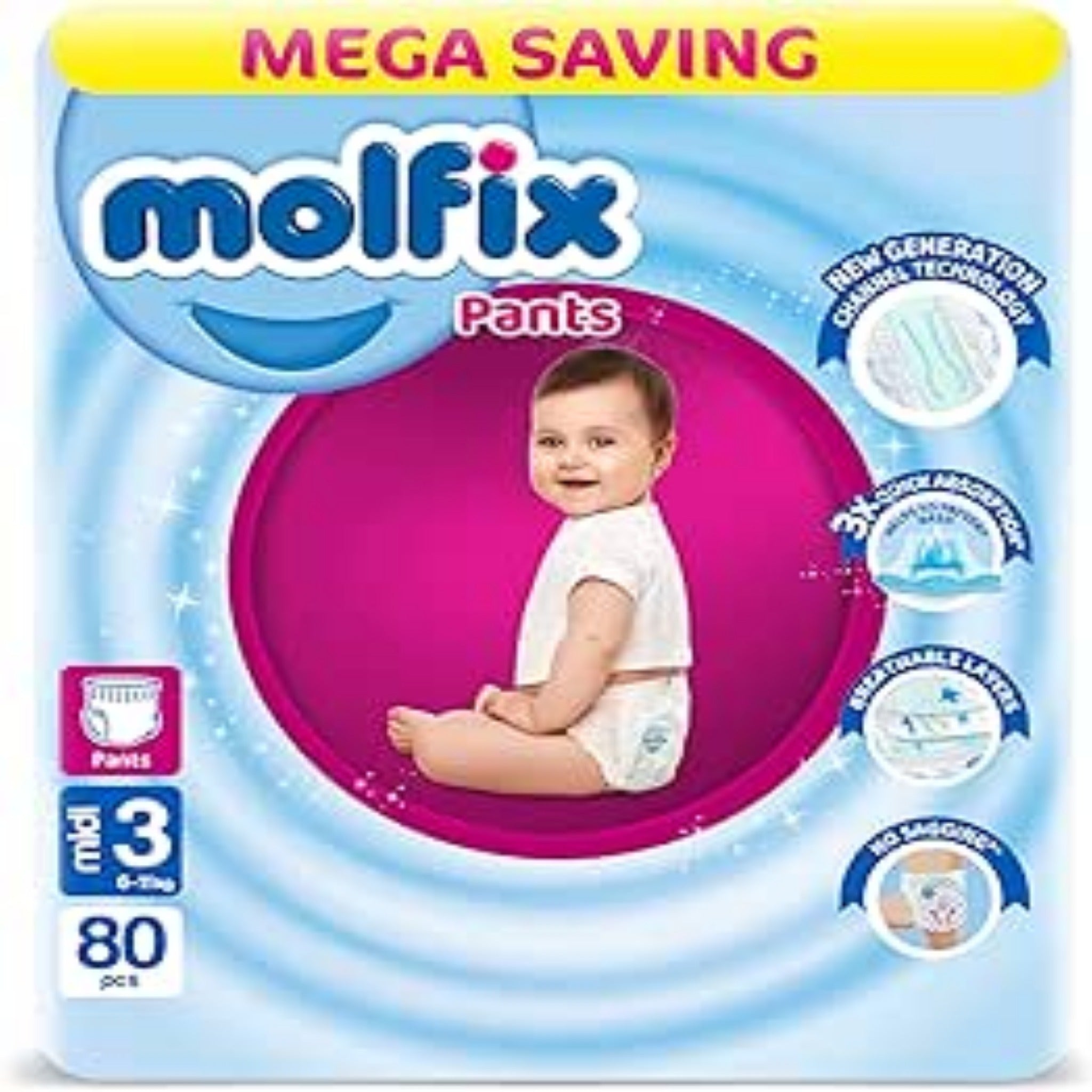 Molfix , Pants , Size 3 , Medium , 6-11 Kg , 80 Pcs (diaper) / حفاضات مولفيكس بانتس كيلوت , مقاس 3 , وسط (ميديام) , 6-11 كجم , 80 قطعة (حفاضة)