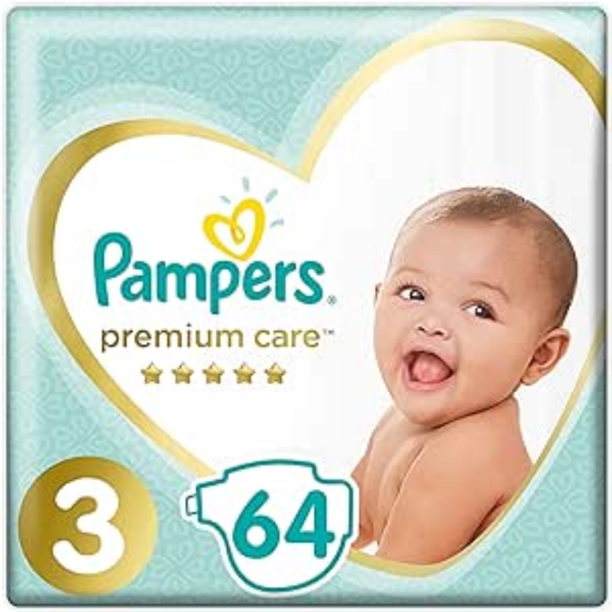 Pampers Premium Care , Baby Diapers , Size 3 , Medium , 6-10 KG , 64 diaper / حفاضات بامبرز للاطفال بريميام كير , مقاس 3 , وسط , 6-10 جم , 64 حفاضة قطعة