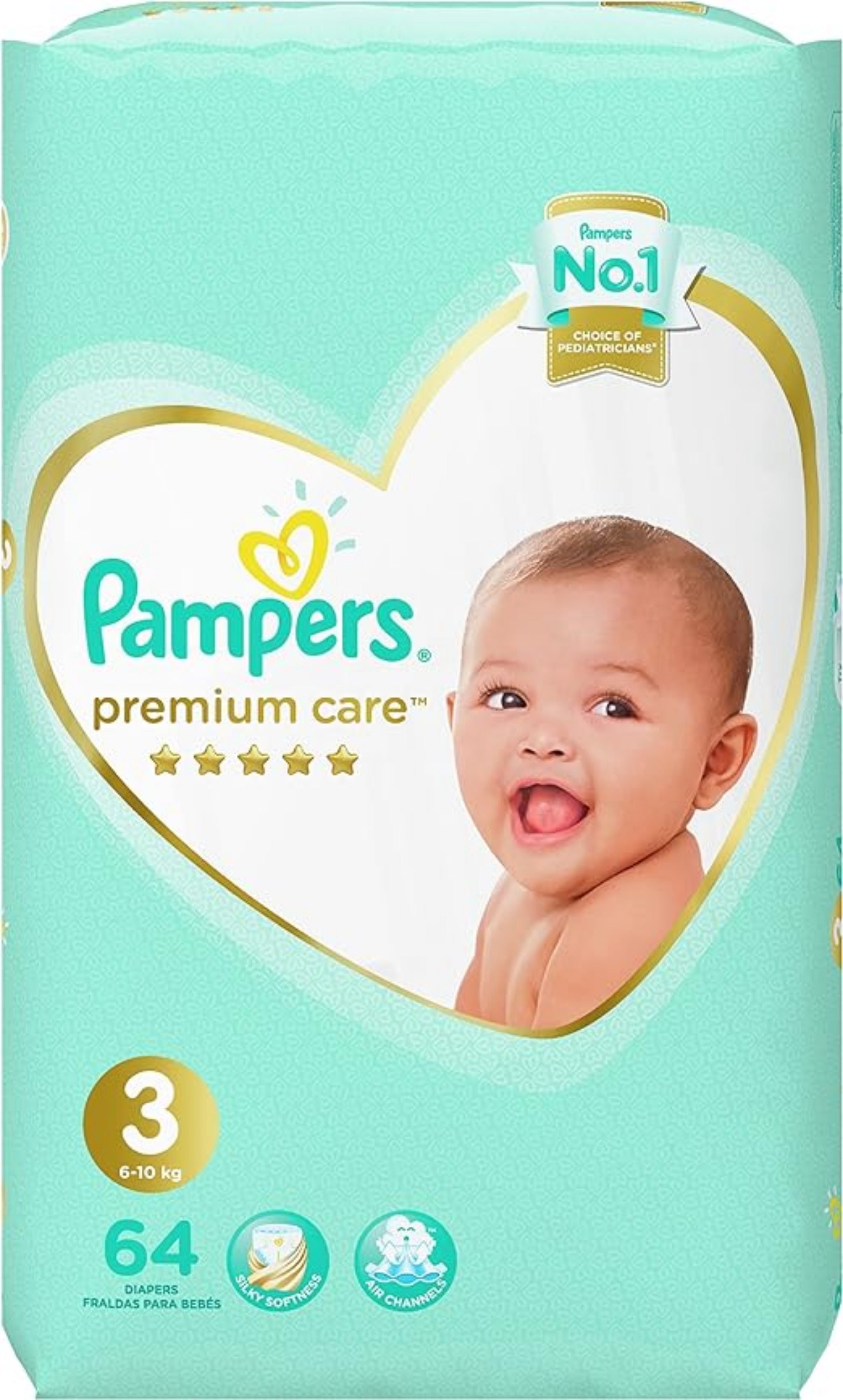 Pampers Premium Care , Baby Diapers , Size 3 , Medium , 6-10 KG , 64 diaper / حفاضات بامبرز للاطفال بريميام كير , مقاس 3 , وسط , 6-10 جم , 64 حفاضة قطعة