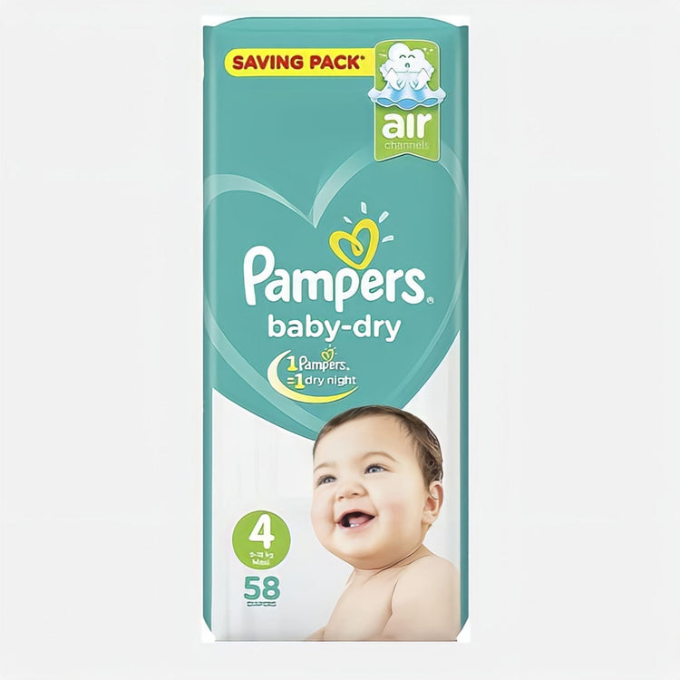 Pampers Baby Dry for baby Diapers Size 4 Maxi 9-14 Kg 58 diapers / حفاضات بامبرز بيبي دراي للاطفال مقاس 4 ماكسي 58 قطعة