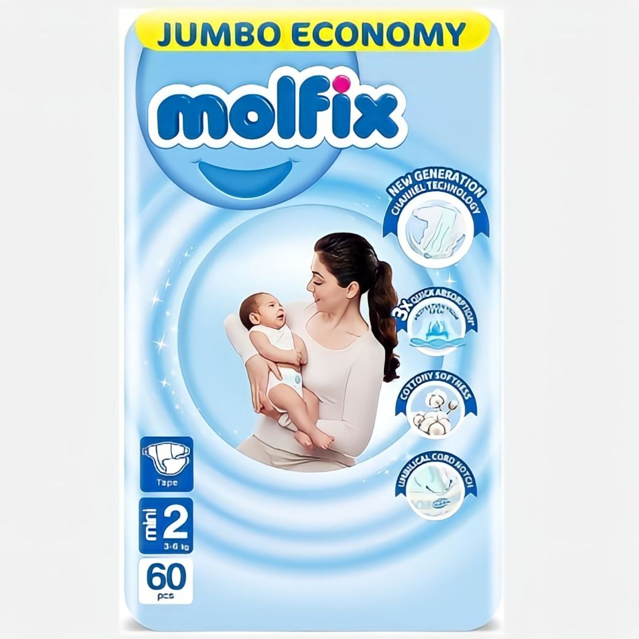 Order Now Molfix Baby Diaper Size 2 Mini 3-6 Kg - 60 diaper from www.diaperseg.com at best prices and Cash on delivery with shipping in 24 hours if ordered before 5 Pm