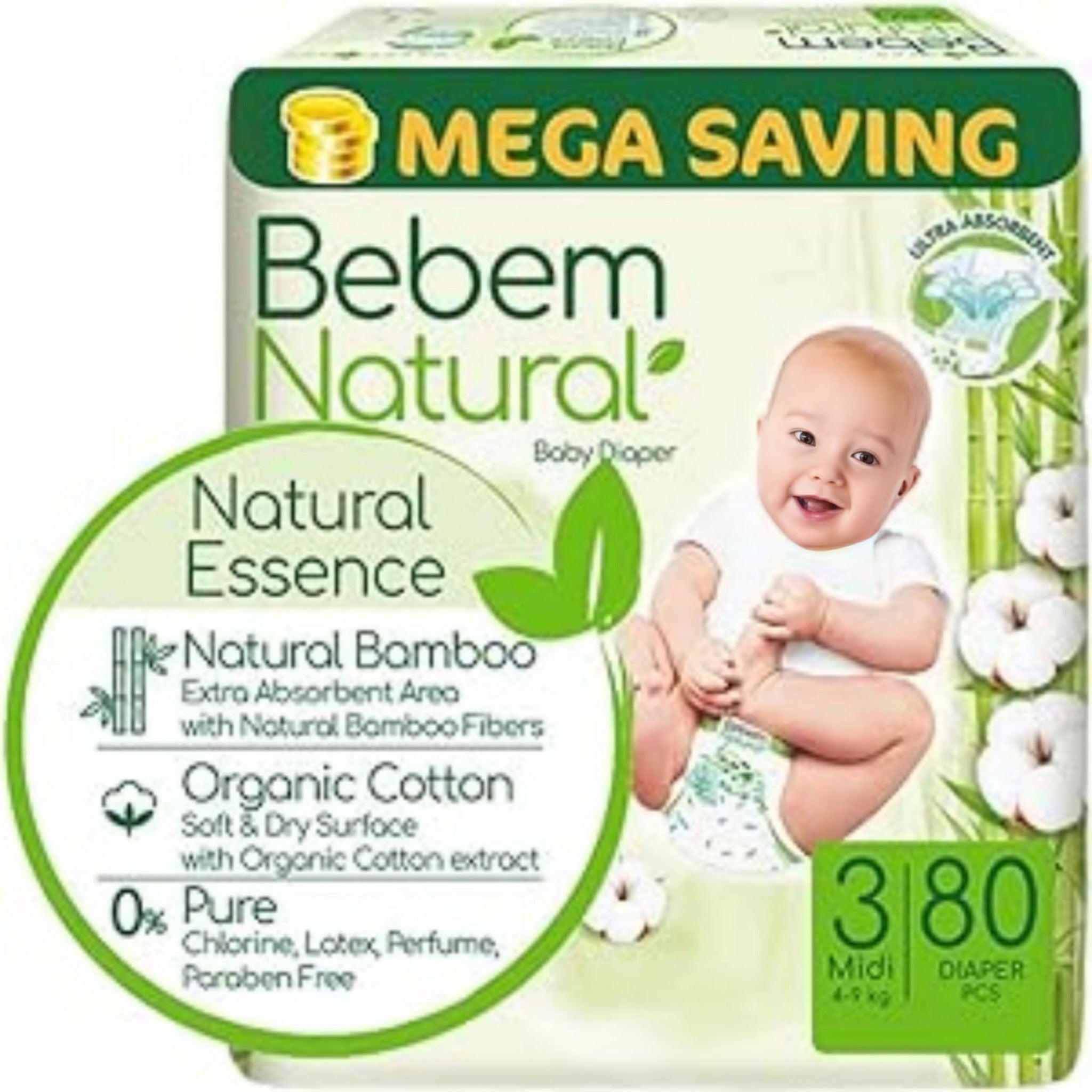 Bebem Natural for Baby Diapers Mega Pack Midi Size 3 - 80 Pieces حفاضات بي بم الطبيي للاطفال مقاس 3 ميدي 80 قطعة