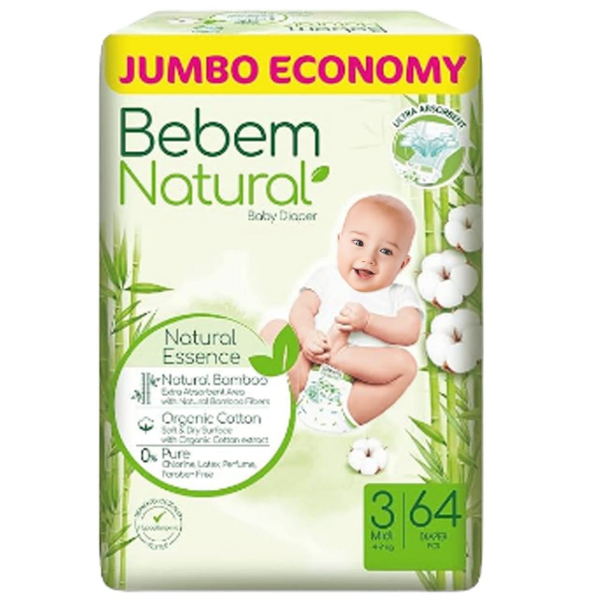 Bebem Natural Baby Diapers Jumbo Pack Midi Size 3 - 64 Pieces حفاضات بي بم الطبيعي للاطفال مقاس 3 ميدي 64 قطعة