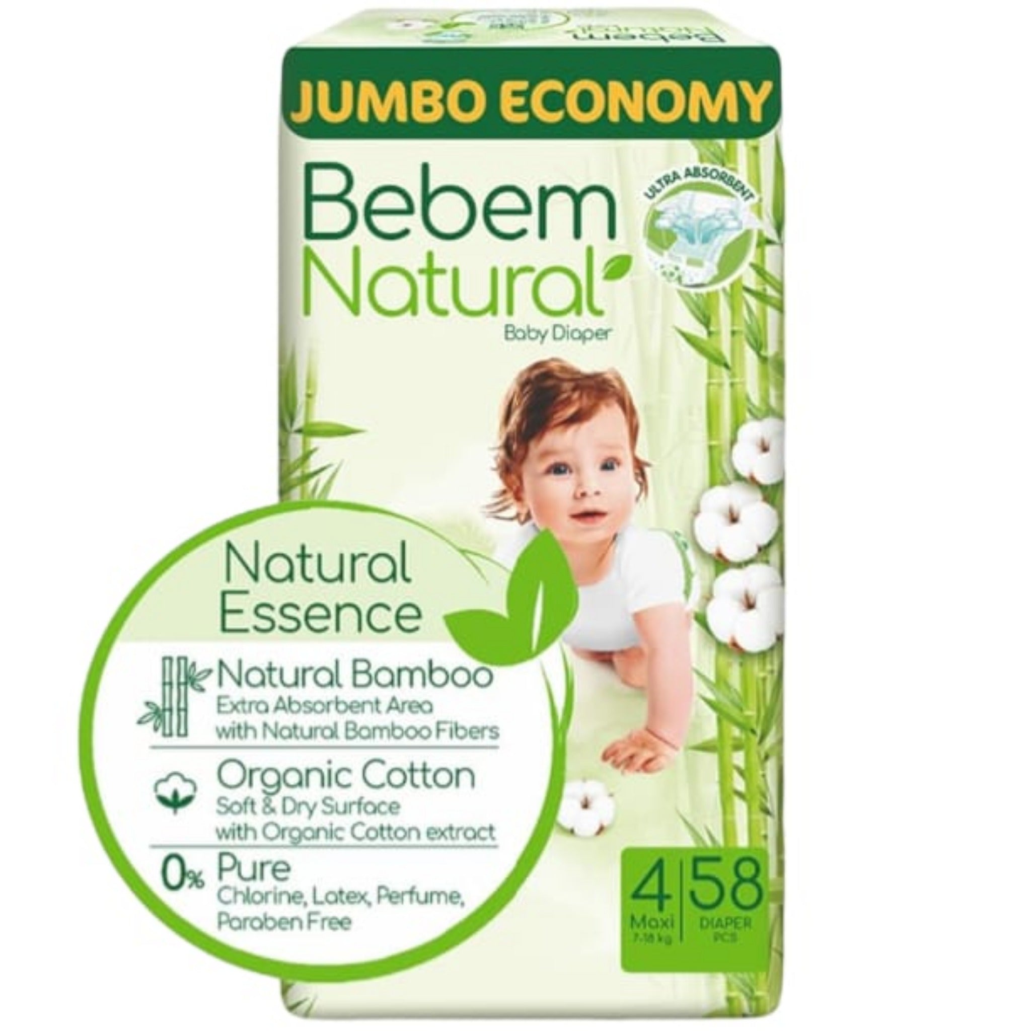 Bebem Natural for Baby diapers Size 4 Maxi 7-18 Kg 58 diapers حفاضات بي بم الطبيعي للاطفال مقاس 4 ماكسي 58 قطعة