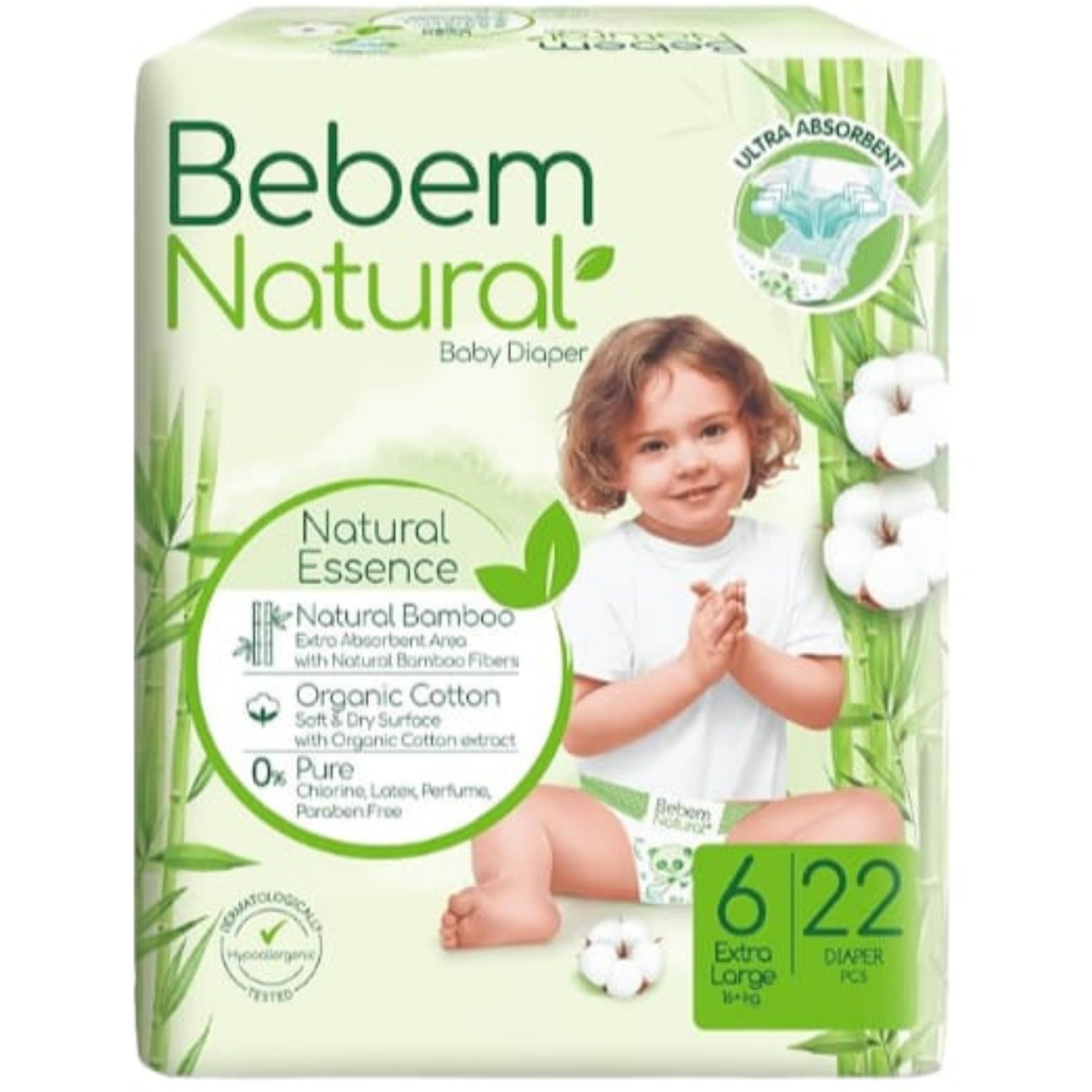 Bebem Natural for Baby diapers Twin Pack Size 6 X-Large 22 diapers حفاضات بي بم الطبيعي للاطفال مقاس 6 كبير جدا 22 قطعة