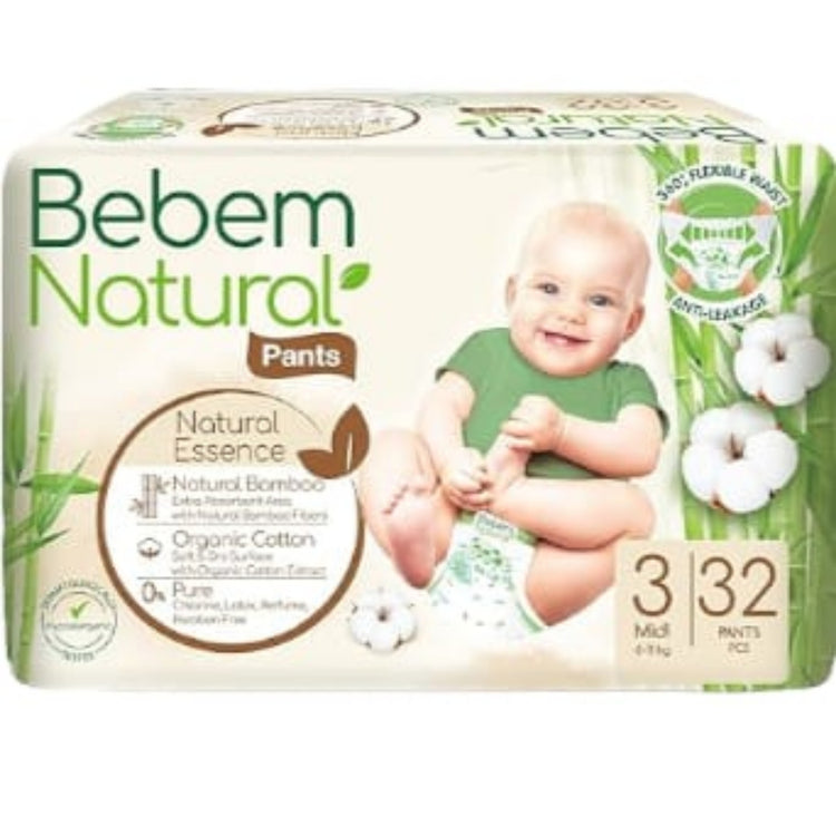 Bebem Natural Pants for baby diapers Twin Pack Midi Size 3 - 32 Pieces حفاضات شورت بي بم الطبيعي للاطفال مقاس 3 ميدي 32 قطعة