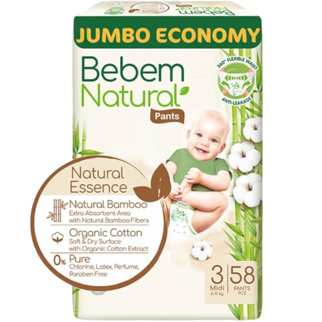 BEBEM Natural Pants for baby diapers Jumbo Pack Midi Size 3 - 58 Pieces حفاضات شورت بي بم الطبيعي للاطفال مقاس 3 ميدي 58 قطعة