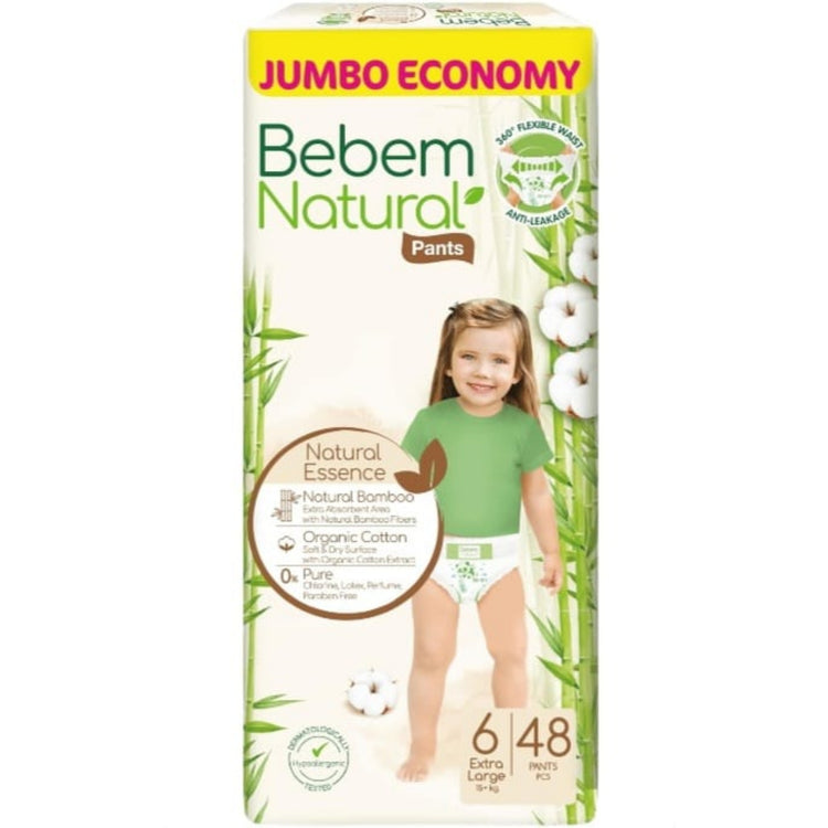 Bebem Natural baby Pants Jumbo Pack Extra Large Size 6 - 48 Pieces حفاضات شورت بي بم الطبيعي للاطفال مقاس 6 كبير جدا 48 قطعة