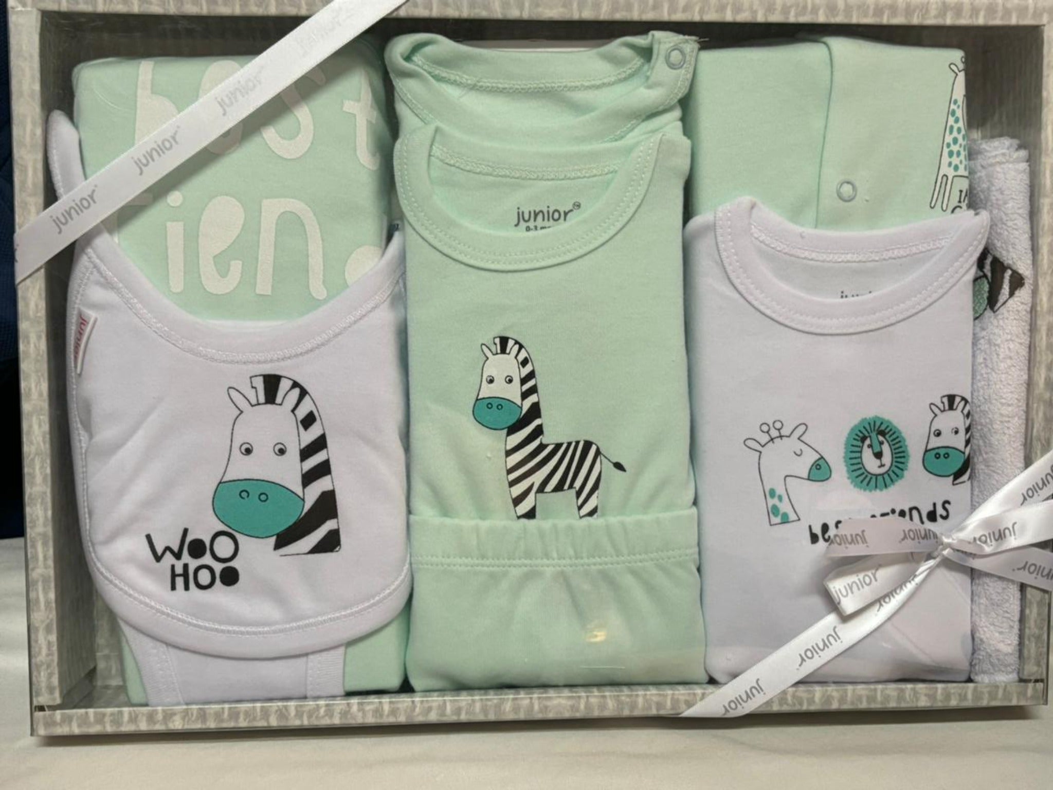 Junior Baby Fashion Gift set for newborn to 3 months 10 pieces اطقم الولادة من جونيور من سن يوم ل 3 شهور 10 قطعه