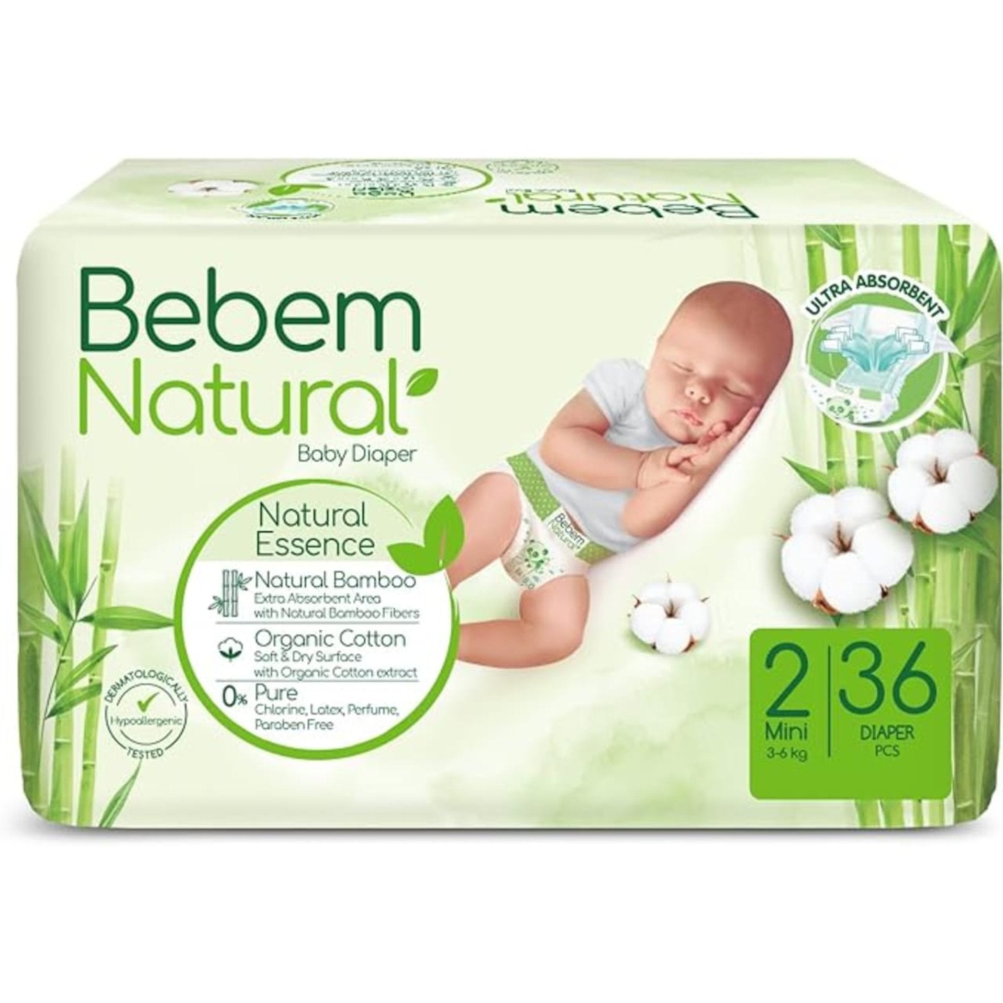 Bebem Natural Baby Tap Diapers Twin Pack Size 2 Mini 36 Pieces (3-6 Kg)