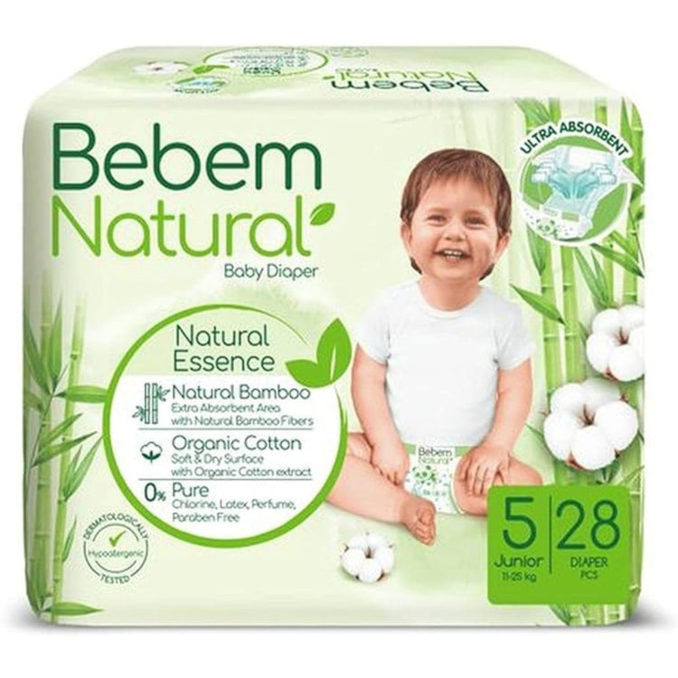 Bebem Natural Baby Tap Diapers Twin Pack Size 5 Junior 28 Pieces (11-25 Kg)