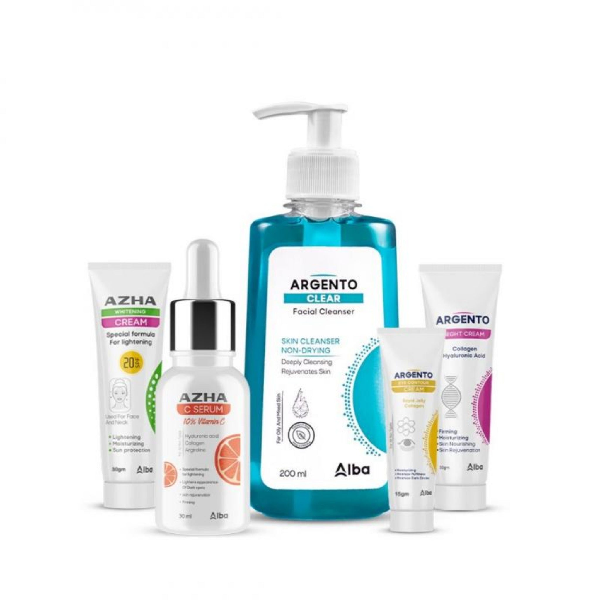 Argento skin care set for all skin types, Argento Clear Facial Wash 200 ml + Argento Night Cream 30 ml + Argento Eye Contour 15 ml + Azha C Serum 30 ml + Azha Whitening Cream 30 ml مجموعة ارجنتو للعناية بالبشرة لجميع انواع البشرة, غسول ارجنتو كلير 200 مل + كريم الليل من ارجنتو 30 مل + كريم العين من ارجنتو 15 مل + سيروم فيتامينسي من ازها 30 مل + كريم التفتيح من ازها 30 مل