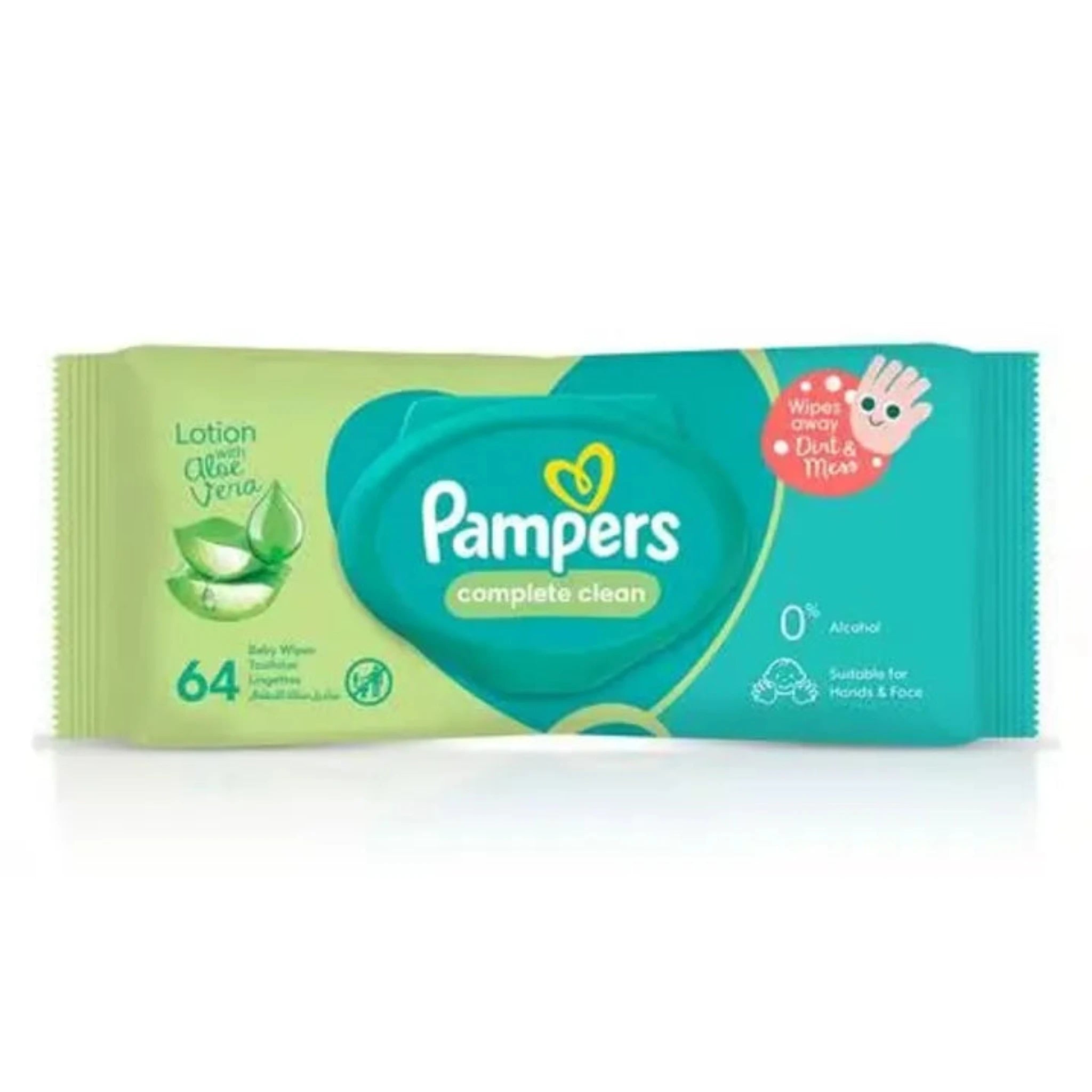 Pampers Complete Clean Baby Wipes, Lotion With aloe Vera, With 0% alcohol, Suitable for Hands &amp; Face, 64 Wipe Count